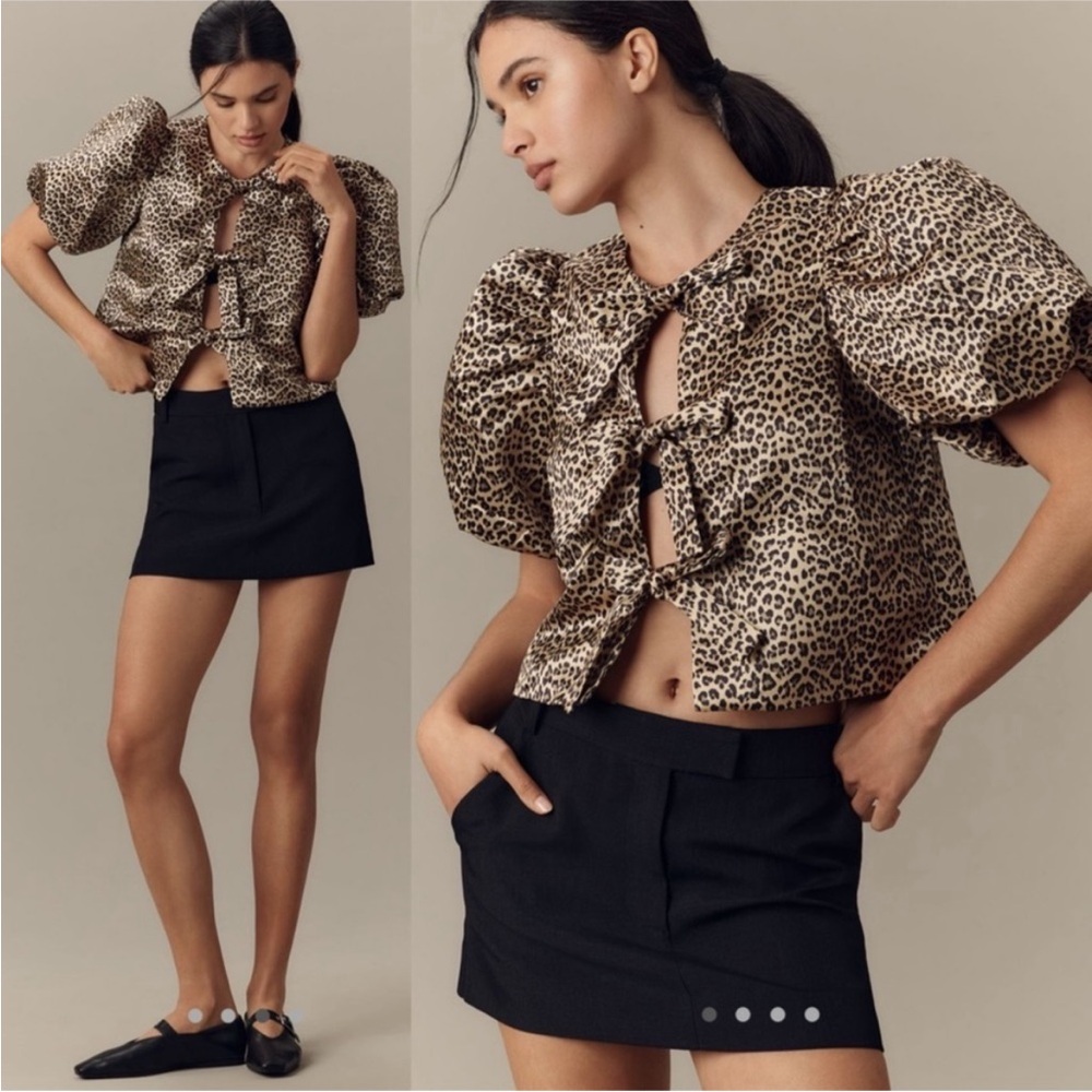 Anthropologie English Factory Leopard Print Tie Front Bow Puff Sleeve Blouse Top